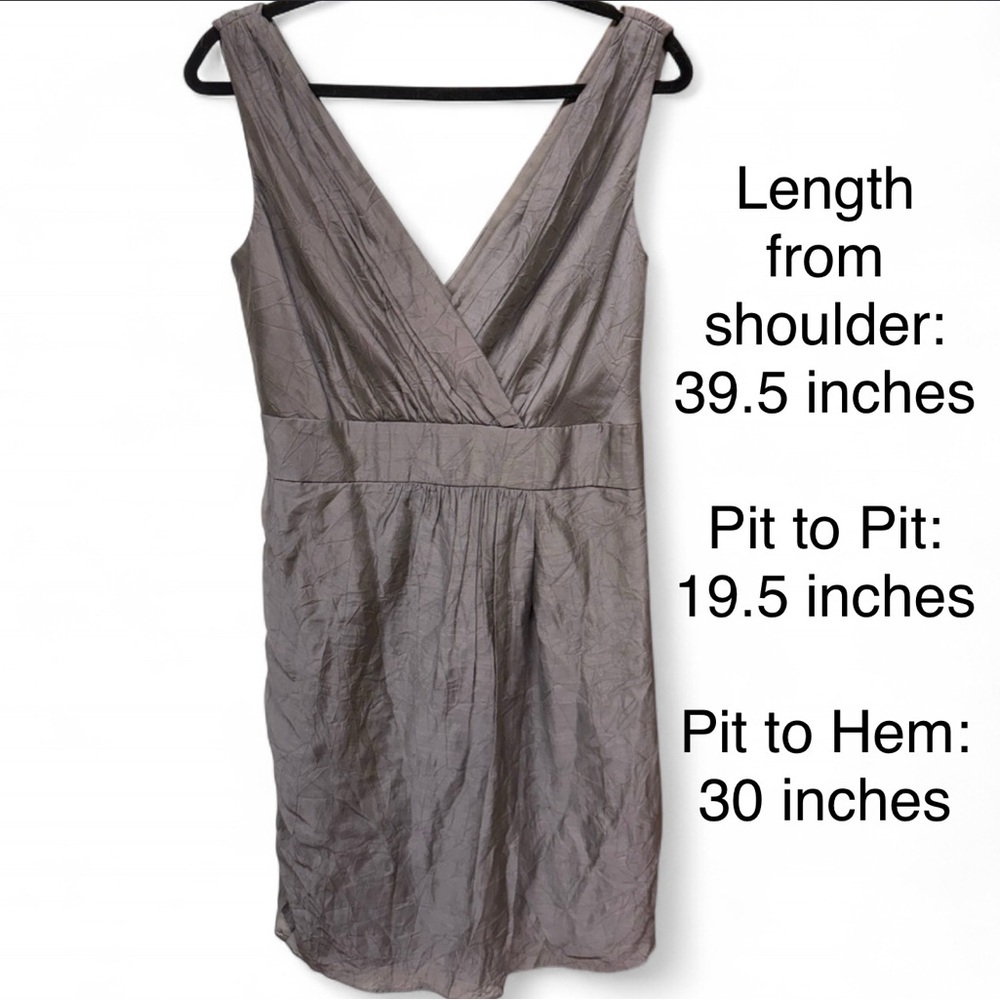 Suzi Chin for Maggy Boutique Taupe Crinkle Metallic V-Neck Cocktail Dress - Picture 2 of 10